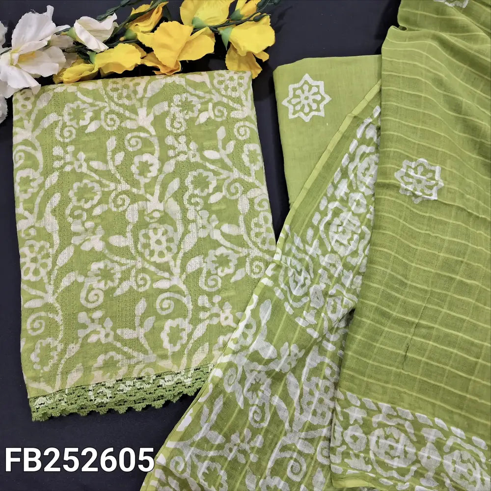 CODE FB252605: Light green original wax batik dyed pure jakard cotton unstitched salwar material lace work
