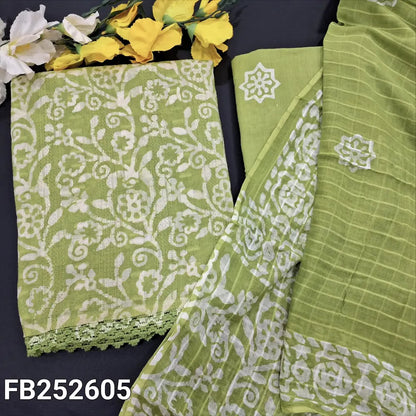 CODE FB252605: Light green original wax batik dyed pure jakard cotton unstitched salwar material lace work