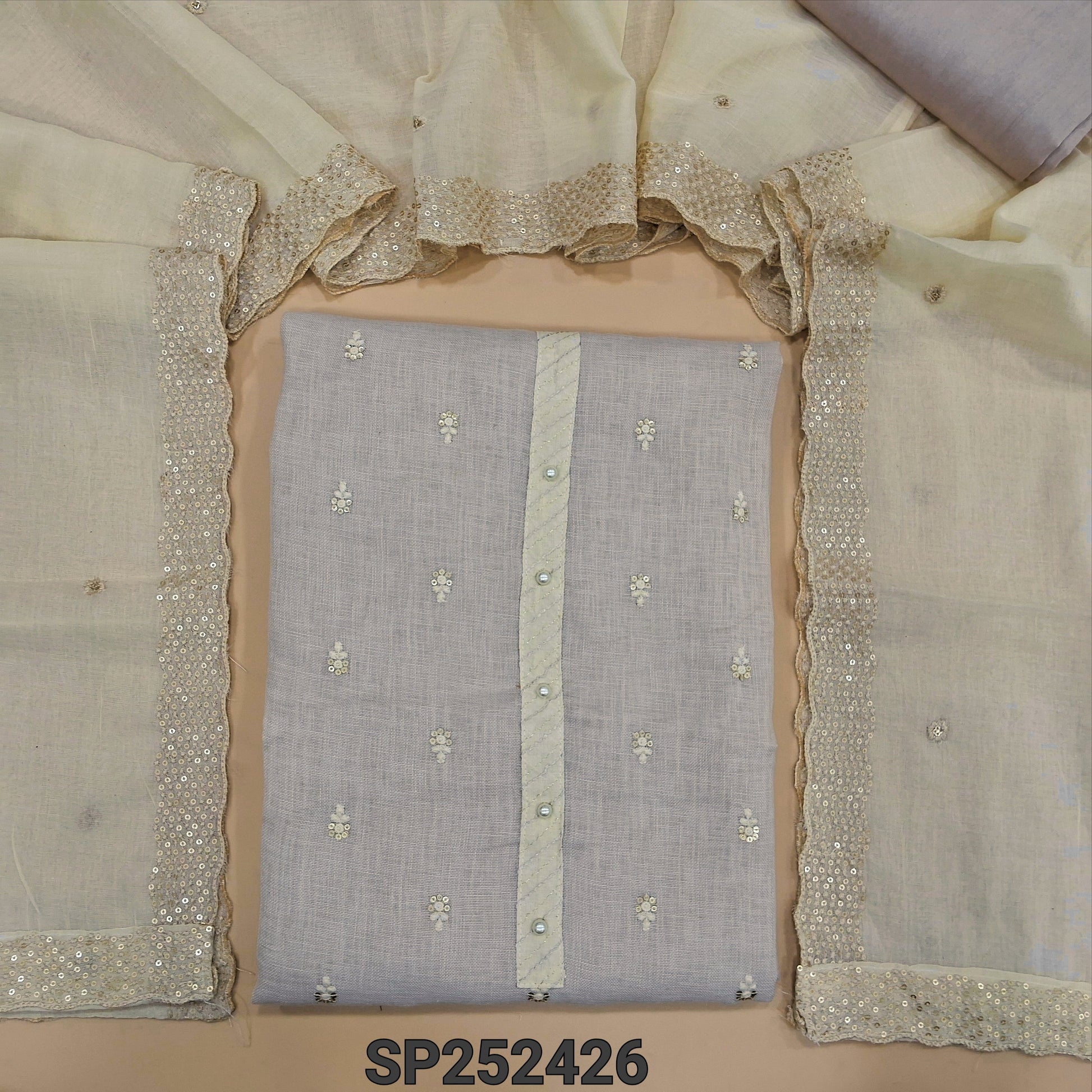 Light grey embroidered premium linen salwar material SP252426-Neidhal