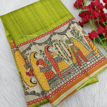 Light Tender Leaf Green Madhubani Silk Saree | Elegant & Lightweight