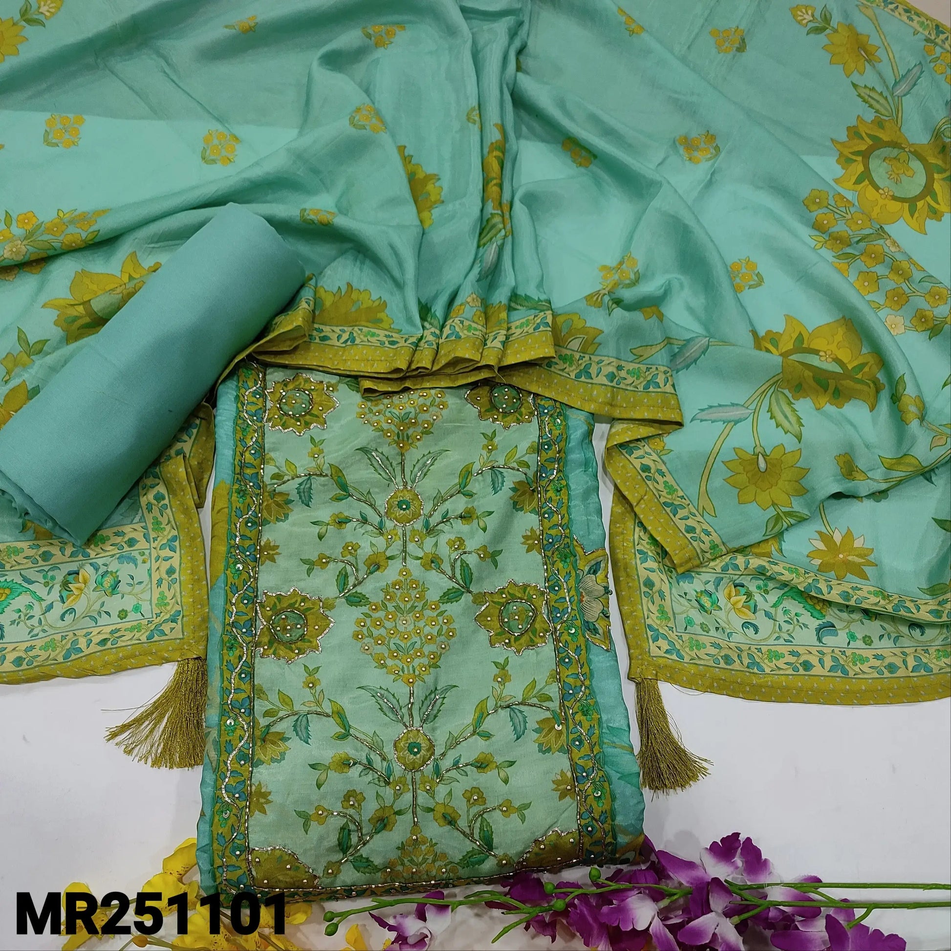 Light Turquoise Green Maslin Silk Unstitched Salwar Material - Neidhal