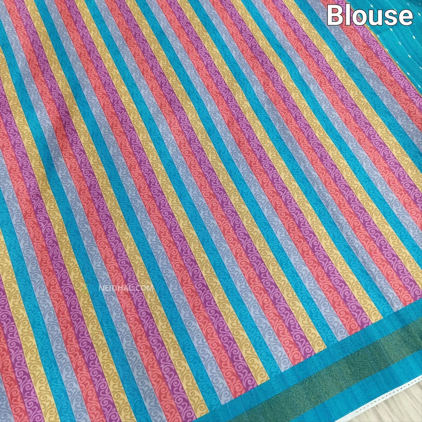 Light Turquoise Printed Blue Chappa Silk Saree - Lotus Pallu | Neidhal