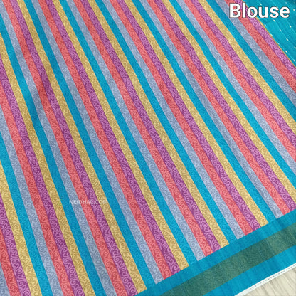 Light Turquoise Printed Blue Chappa Silk Saree - Lotus Pallu | Neidhal