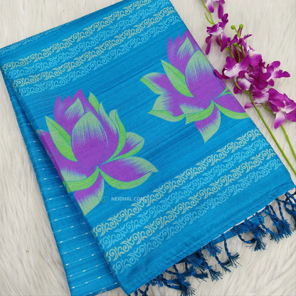 Light Turquoise Printed Blue Chappa Silk Saree - Lotus Pallu | Neidhal