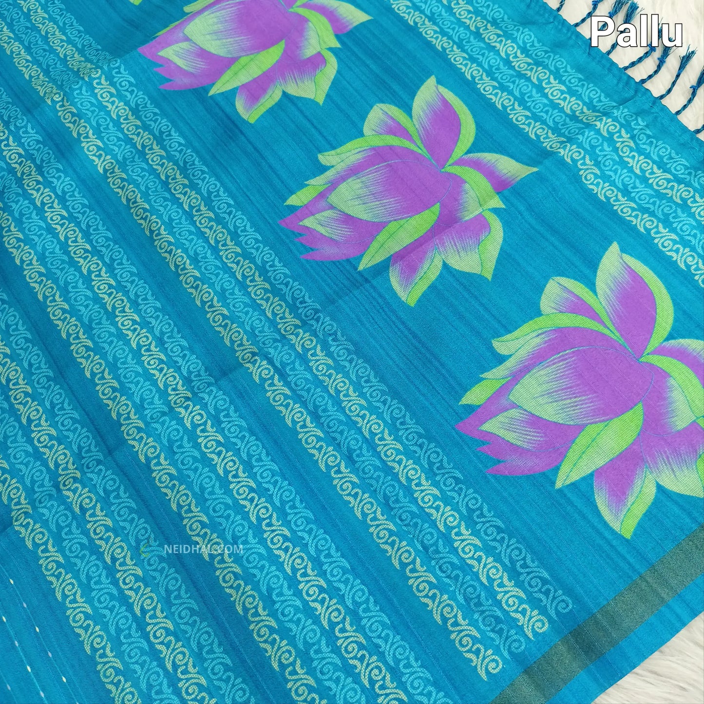 Light Turquoise Printed Blue Chappa Silk Saree - Lotus Pallu | Neidhal