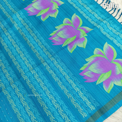 Light Turquoise Printed Blue Chappa Silk Saree - Lotus Pallu | Neidhal