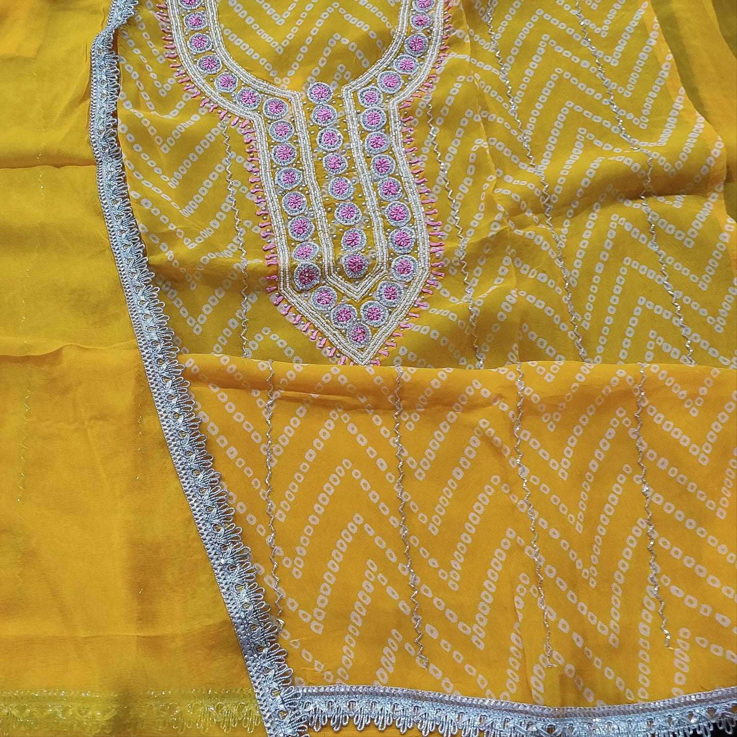 Mango yellow bandhini printed organza salwar material mr251402-Neidhal