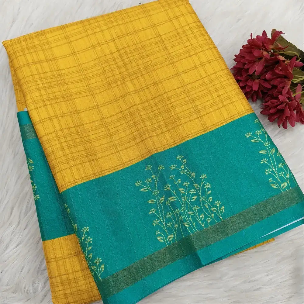 Mango yellow checkered printed fancy chappa silk saree ns181-Neidhal
