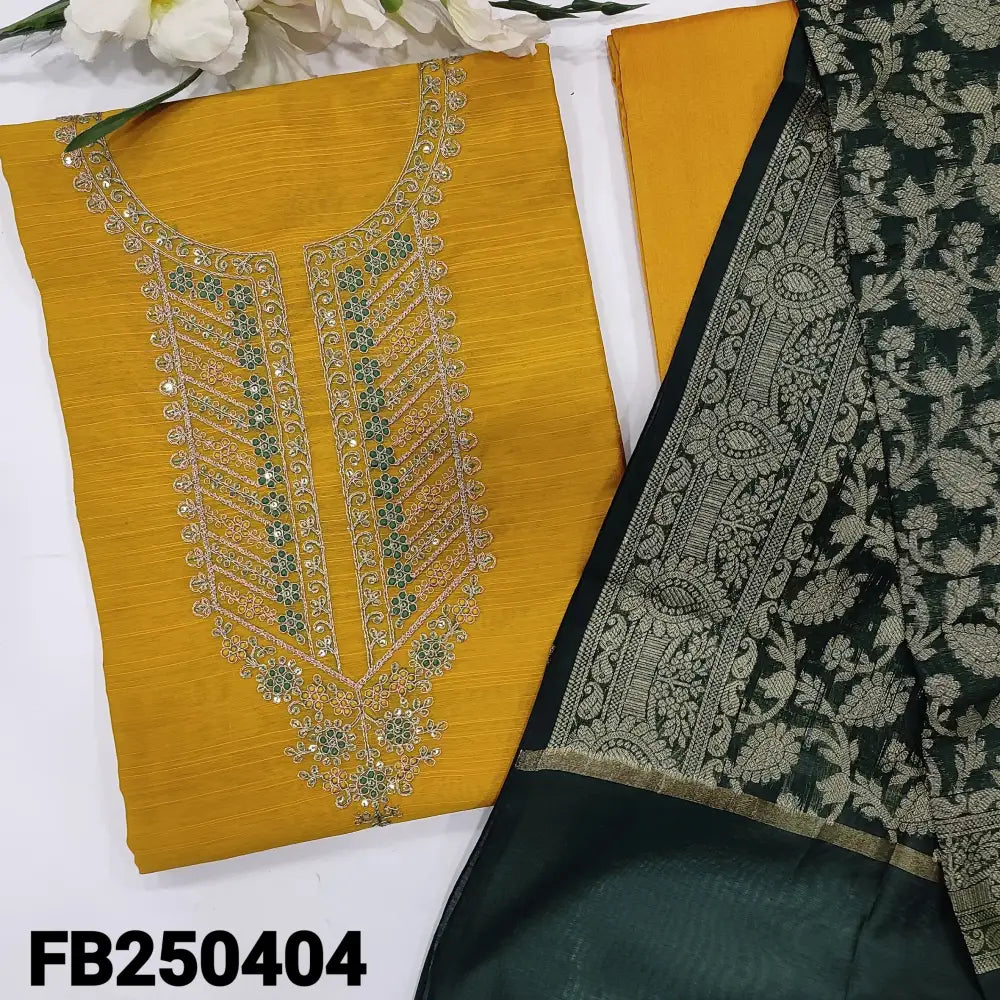CODE FB250404: Mango yellow slub silk cotton unstitched salwar material zari& sequins work on yoke(thin fabric lining