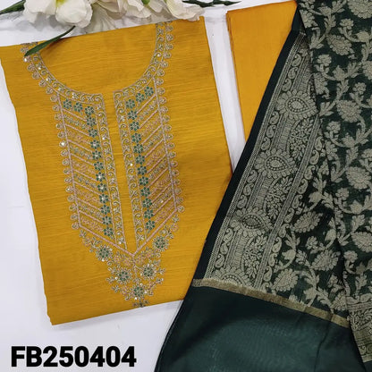 CODE FB250404: Mango yellow slub silk cotton unstitched salwar material zari& sequins work on yoke(thin fabric lining
