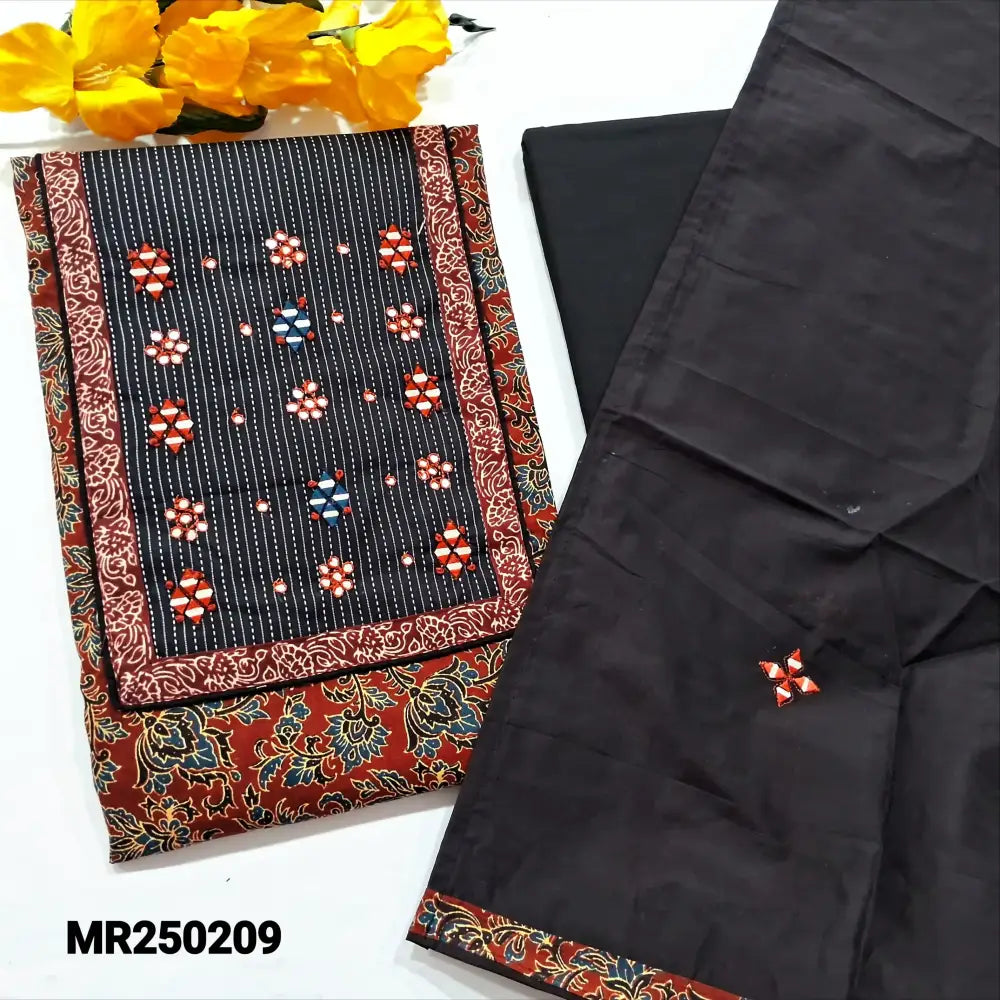 CODE MR250209: Maroon base ajrak block printed pure cotton unstitched salwar material kantha stitch& real mirror work