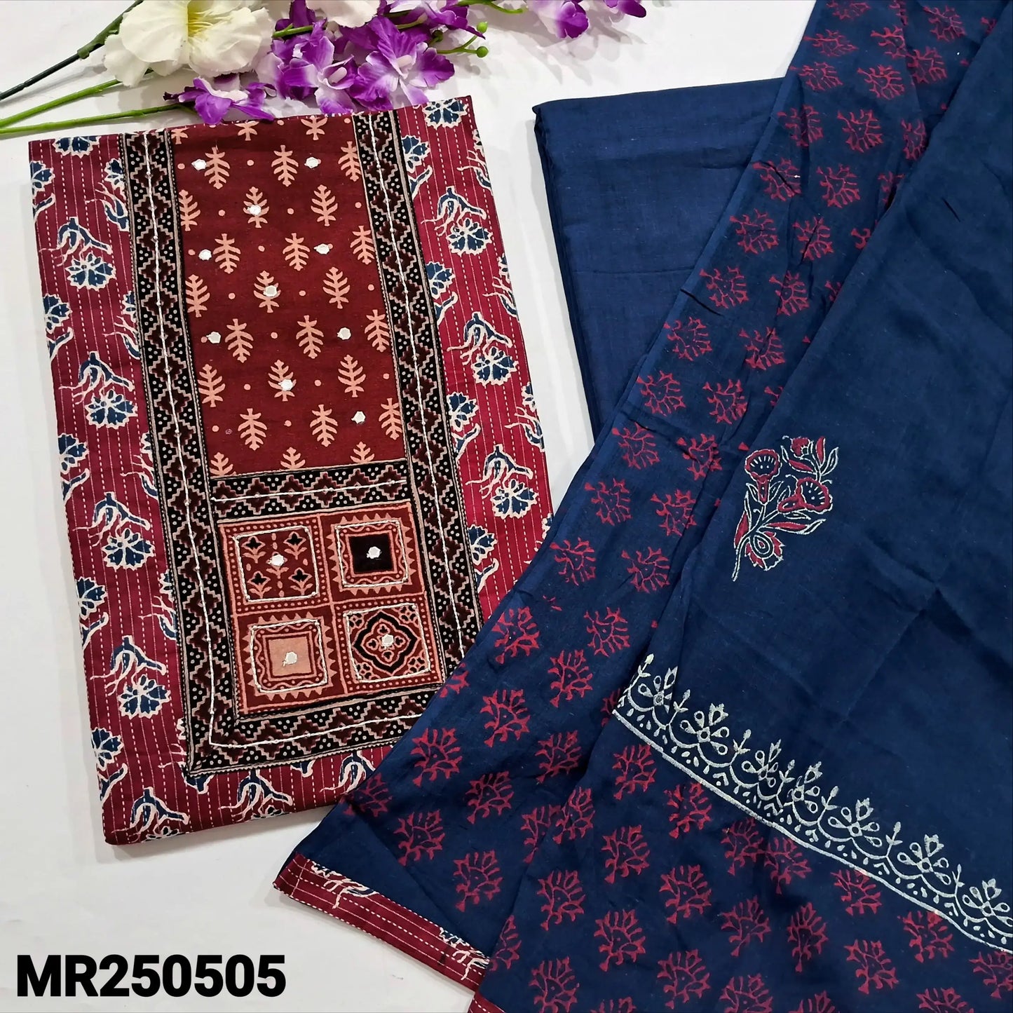 Maroon block printed kantha cotton salwar material mr250505-Neidhal