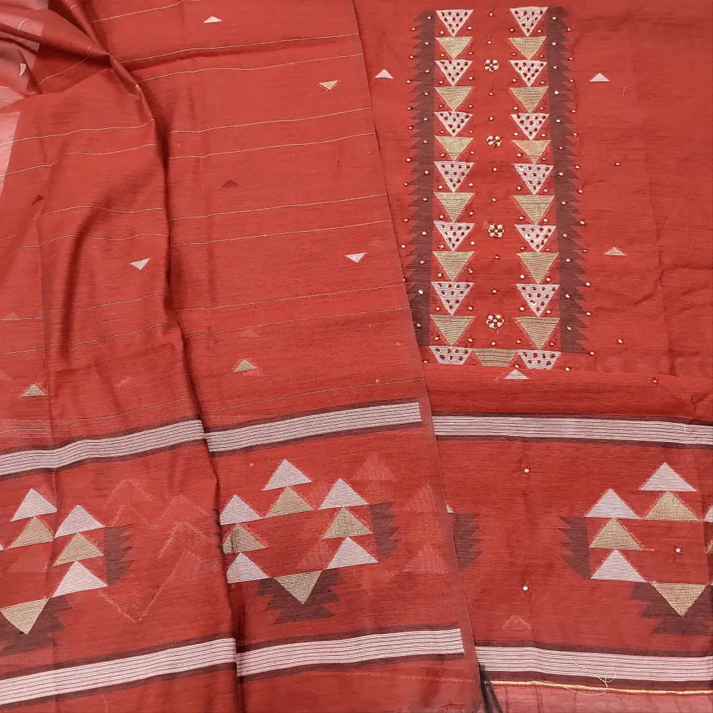 CODE FB250604: Maroon jamdani woven premium silk cotton unstitched salwar material thread& sequins work on yoke(thin