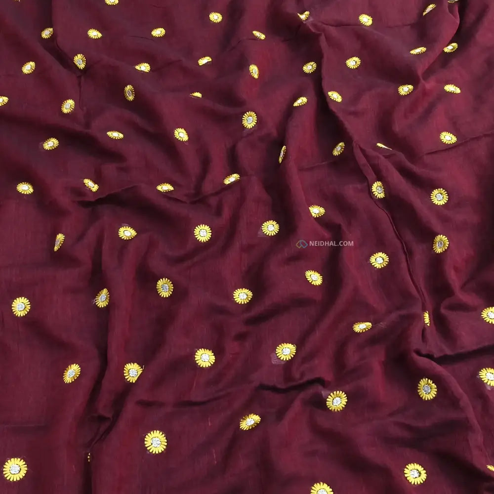 CODE NS02: Maroon pure mul cotton saree floral embroidered all over(thin& soft fabric)tassels on pallu plain running