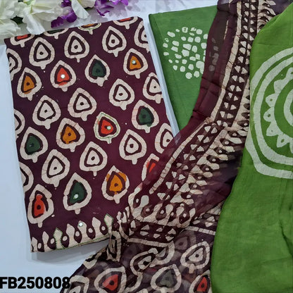 CODE FB250808: Dark maroon original wax batik dyed pure cotton unstitched salwar material thread& faux mirror work