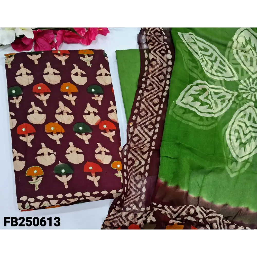 CODE FB250613: Dark maroon original wax batik dyed premium cotton unstitched salwar material thread& faux mirror work