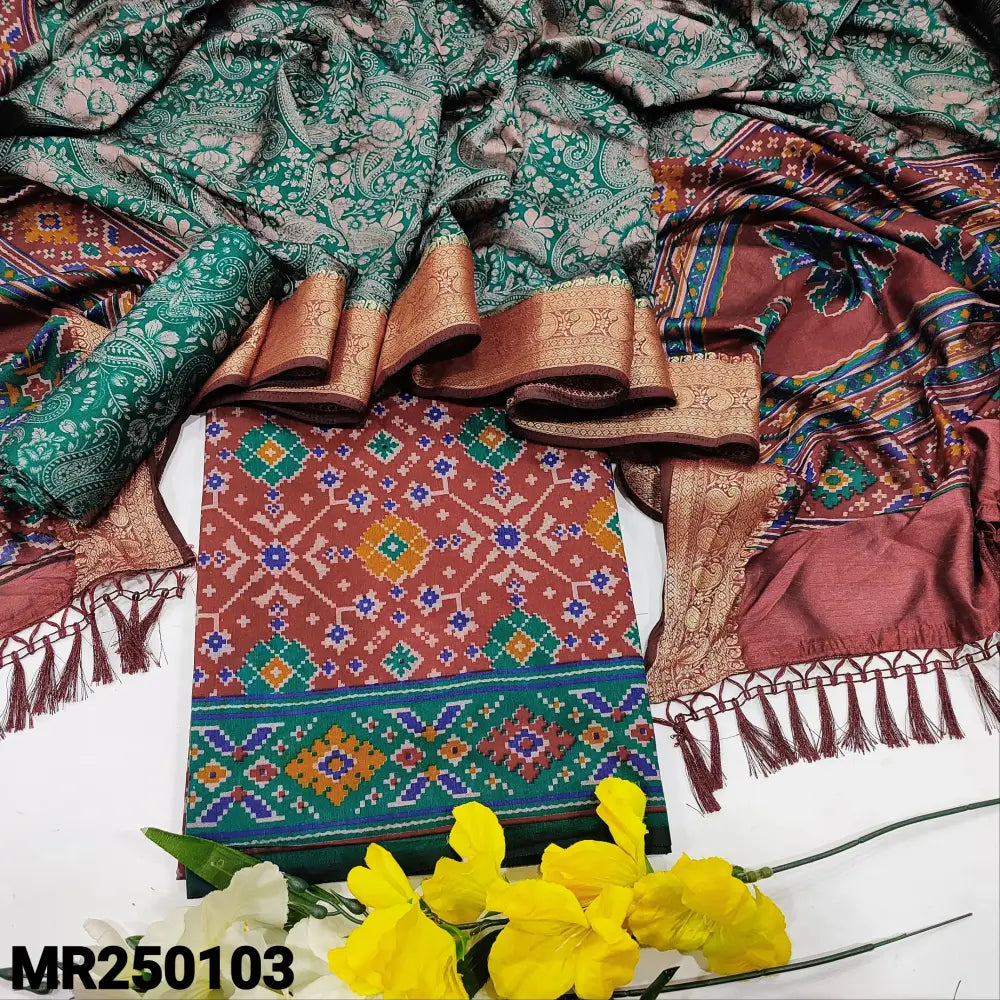 CODE MR250103: Dark maroon patola printed fancy silk cotton unstitched salwar material(thin fabric lining