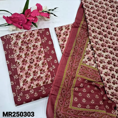 CODE MR250303: Maroon printed cotton unstitched salwar material fancy buttons on yoke(lining optional)printed cotton