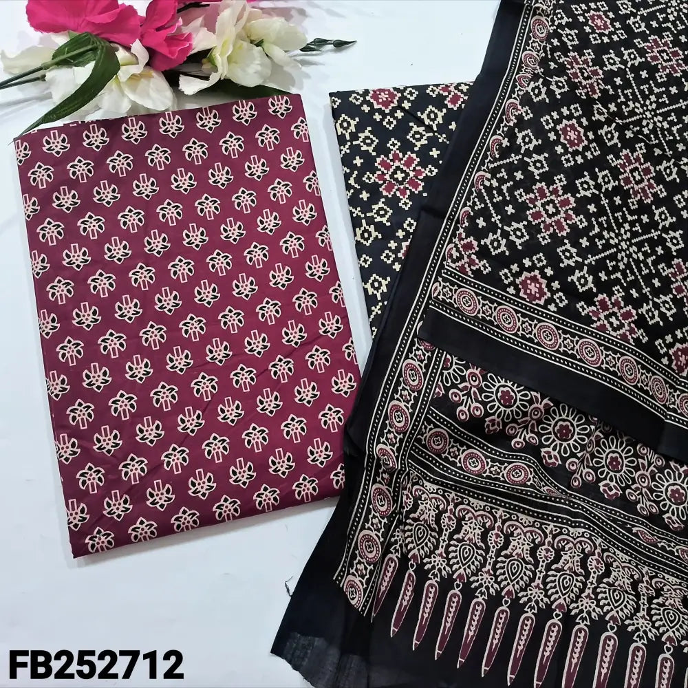 CODE FB252712: Maroon printed soft cotton unstitched salwar material(lining optional)black patola printed cotton bottom