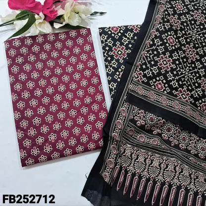 CODE FB252712: Maroon printed soft cotton unstitched salwar material(lining optional)black patola printed cotton bottom