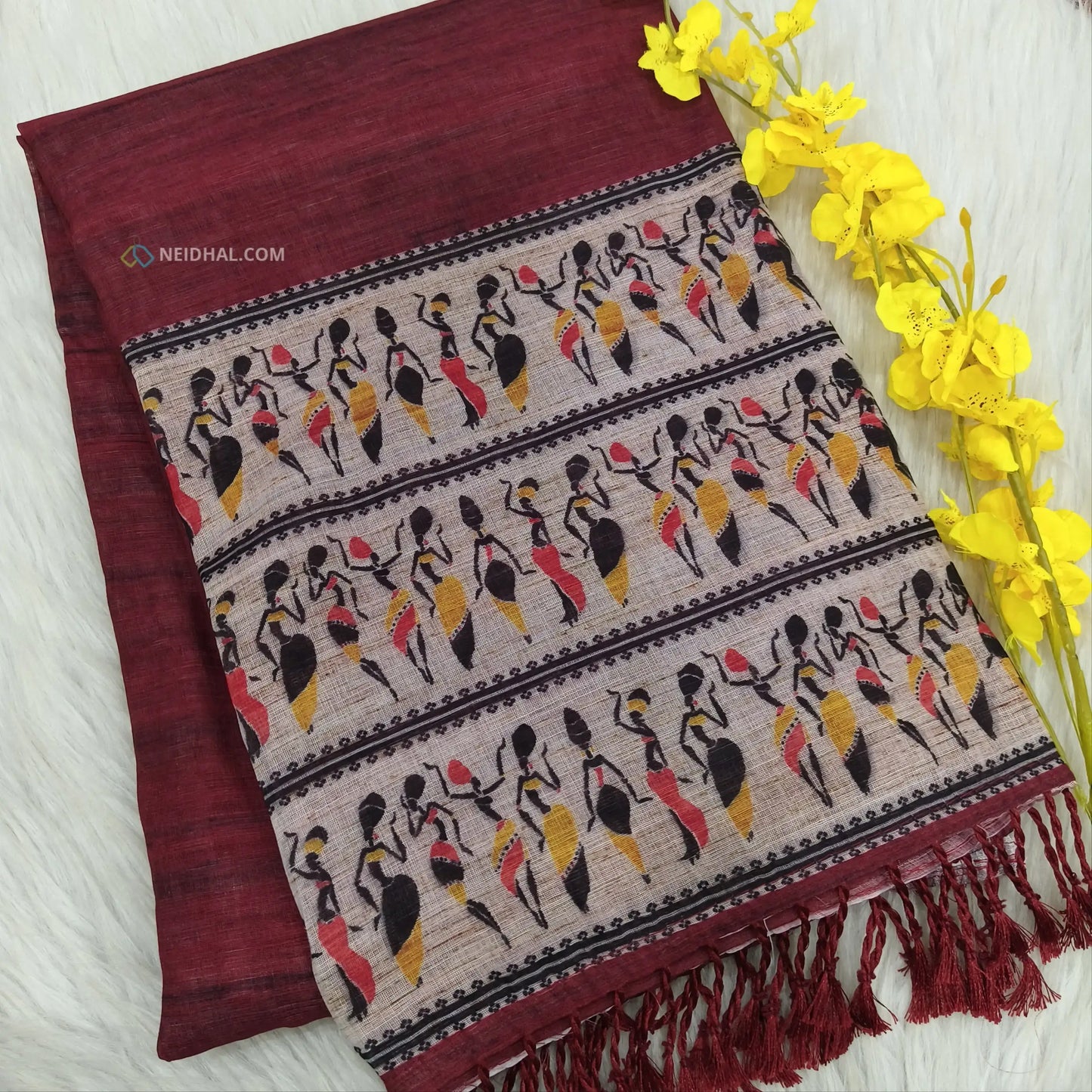 Maroon semi linen saree ns84-Neidhal