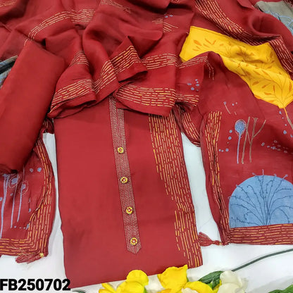 CODE FB250702: Dark maroon premium soft silk cotton unstitched salwar material fancy buttons on yoke hand embroidered