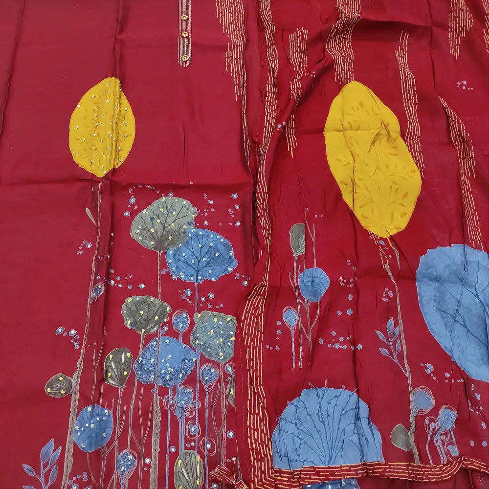 CODE FB250702: Dark maroon premium soft silk cotton unstitched salwar material fancy buttons on yoke hand embroidered