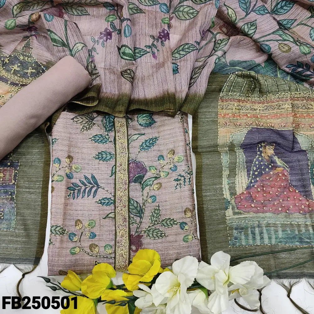 CODE FB250501: Light mauve printed premium jute silk unstitched salwar material hand embroidered on yoke &front(thin
