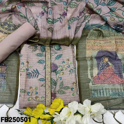 CODE FB250501: Light mauve printed premium jute silk unstitched salwar material hand embroidered on yoke &front(thin