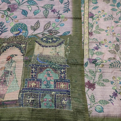 CODE FB250501: Light mauve printed premium jute silk unstitched salwar material hand embroidered on yoke &front(thin