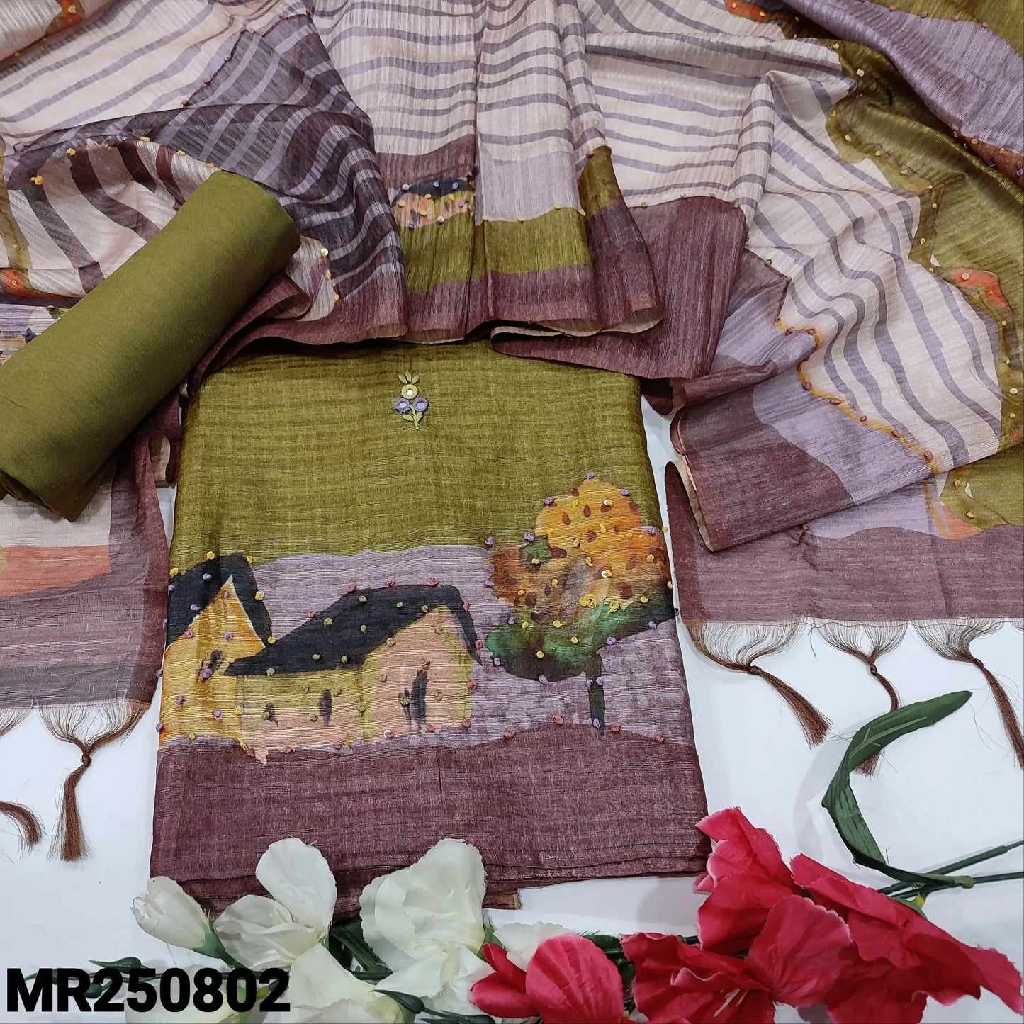Mehandhi green digital printed jute silk salwar material mr250802-Neidhal