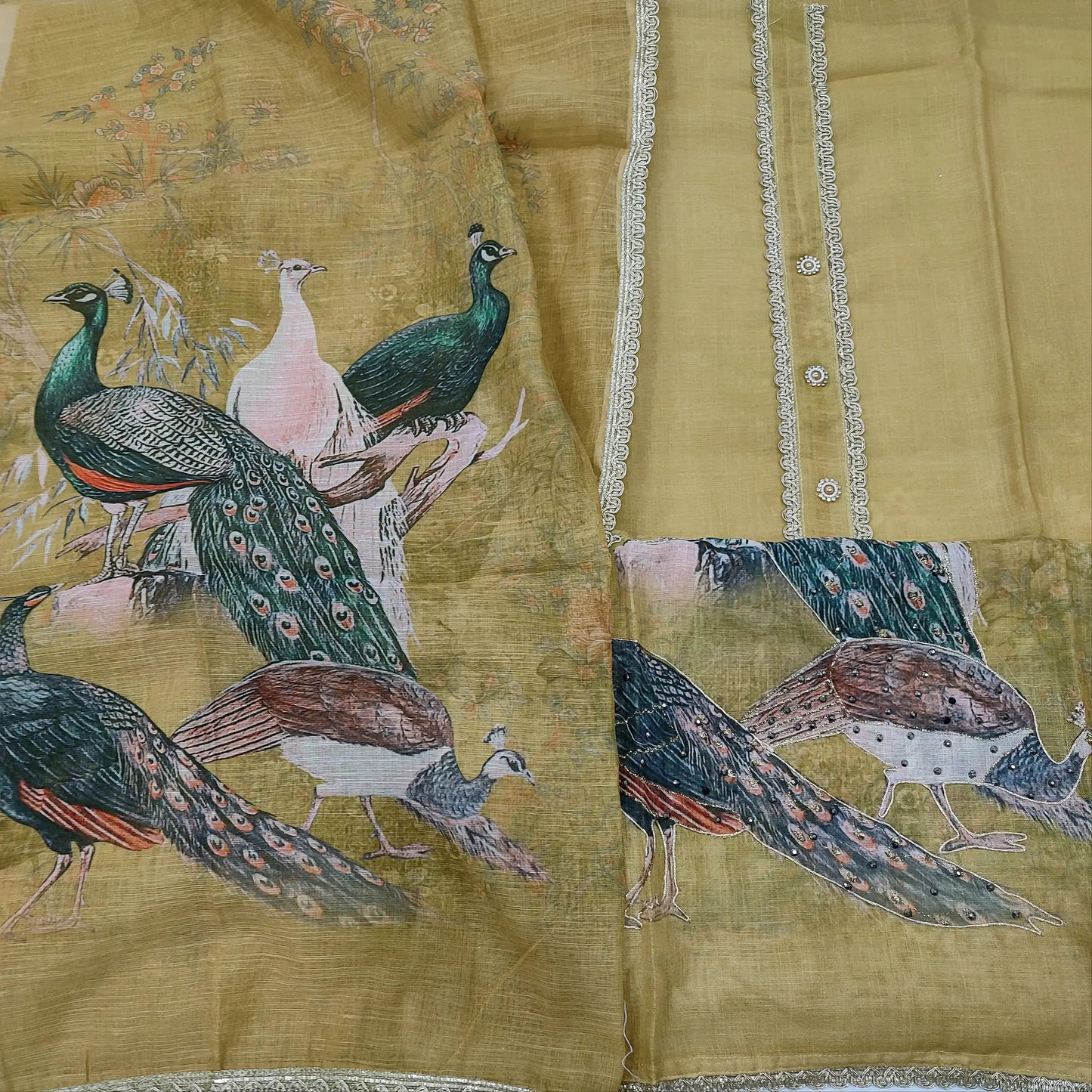 Mehandhi green digital printed semi linen salwar material mr251202-Neidhal