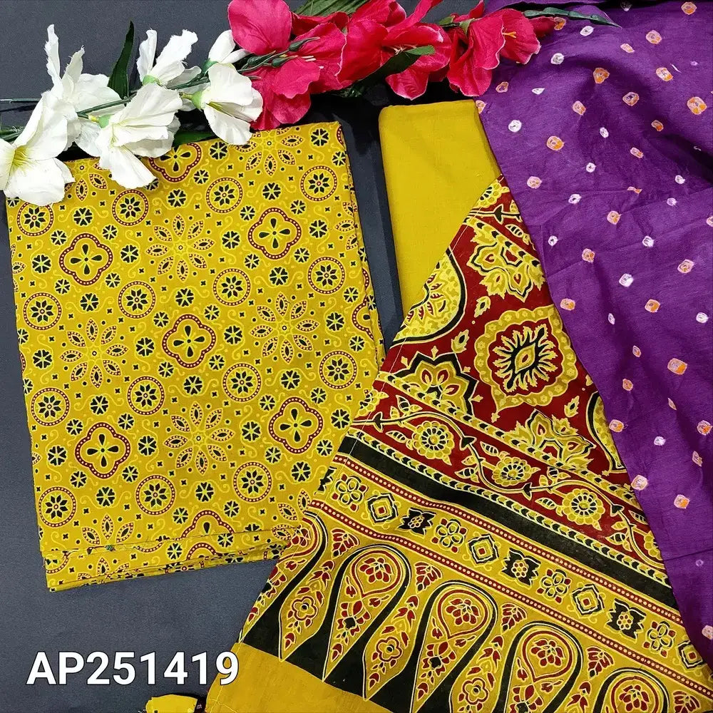 Mehandhi yellow ajrak block printed cotton salwar material ap251419-Neidhal