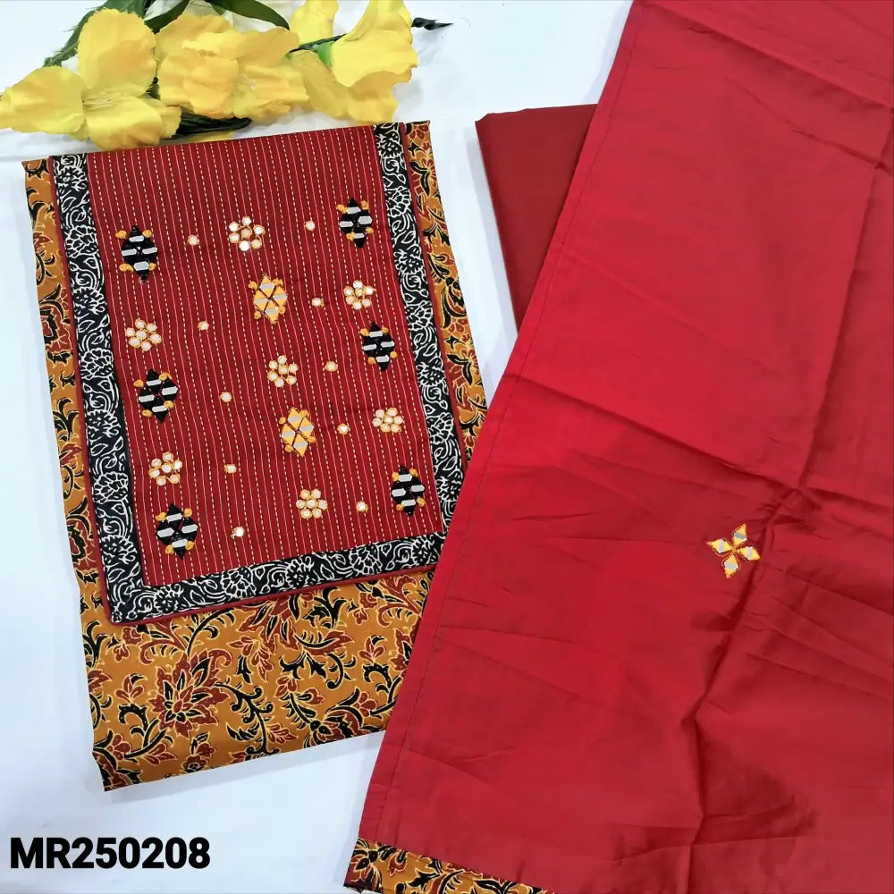 CODE MR250208: Mehandhi yellow base ajrak block printed pure cotton unstitched salwar material kantha stitch& real