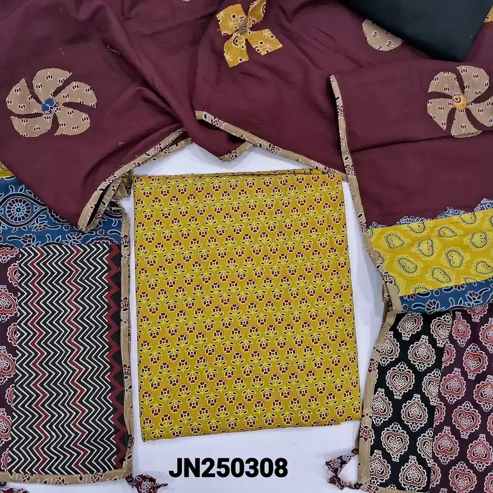 Mehandhi yellow ajrak block printed pure cotton salwar material jn250308-Neidhal