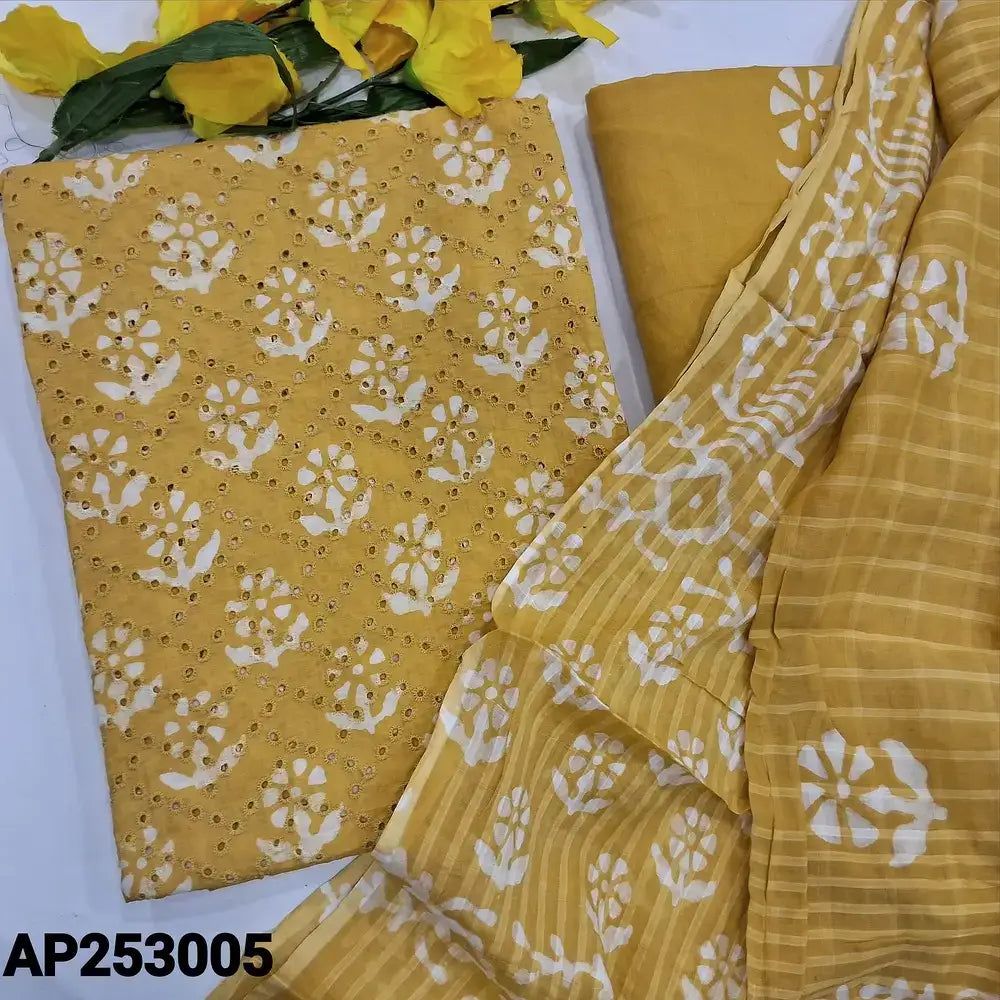 Mehandhi yellow batik haccoba embroidered cotton salwar material ap253005-Neidhal