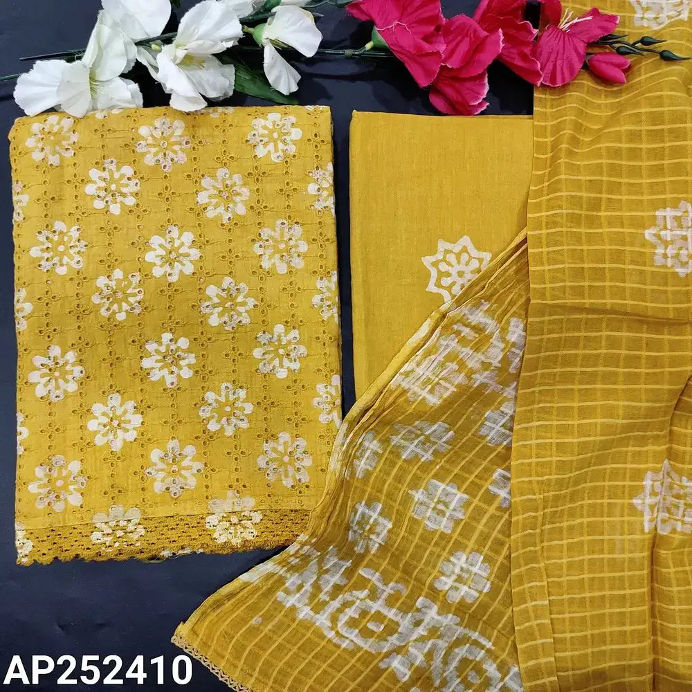 Mehandhi yellow batik schiffli embroidered cotton salwar material ap252410-Neidhal