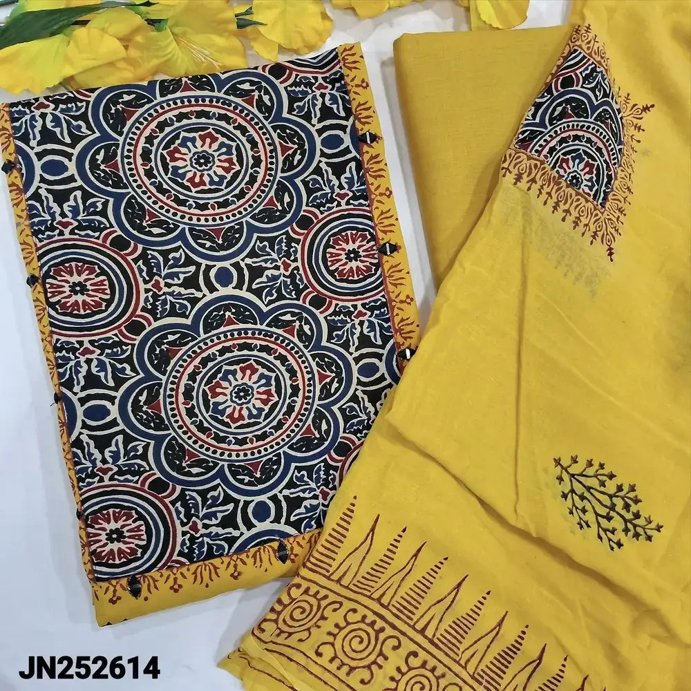 Mehandhi yellow block printed cotton salwar material jn252614-Neidhal