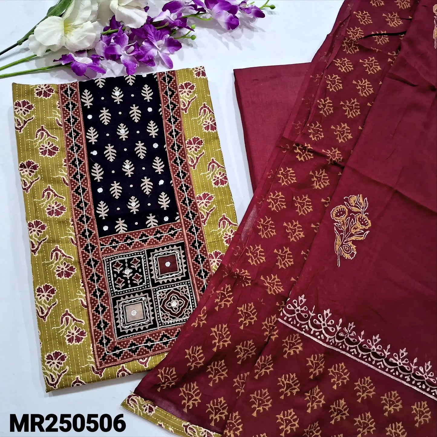 Mehandhi yellow block printed kantha cotton salwar material mr250506-Neidhal