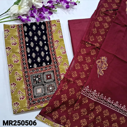 Mehandhi yellow block printed kantha cotton salwar material mr250506-Neidhal