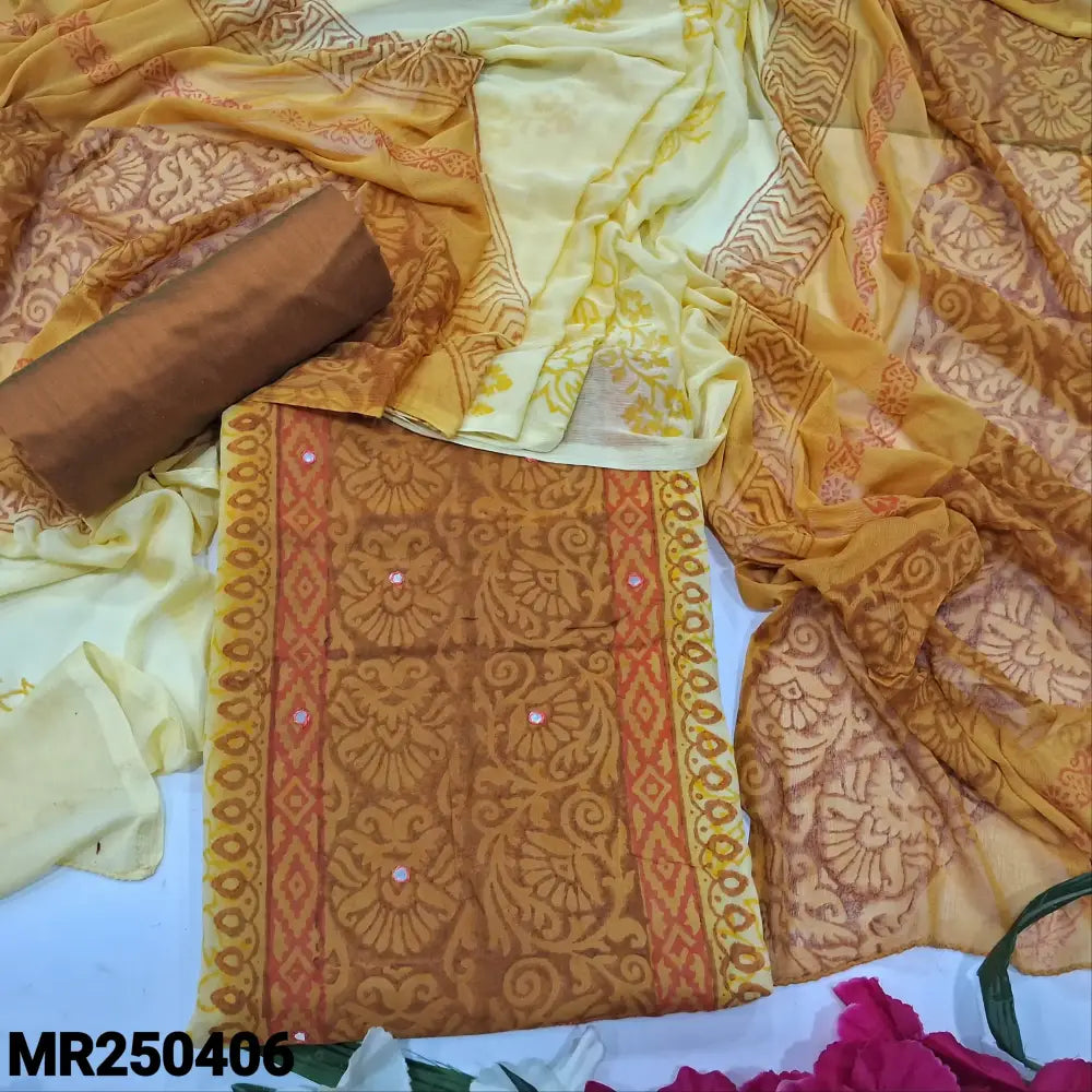 CODE MR250406: Mehandhi yellow& pastel yellow block printed semi georgette unstitched salwar material,(thin lining