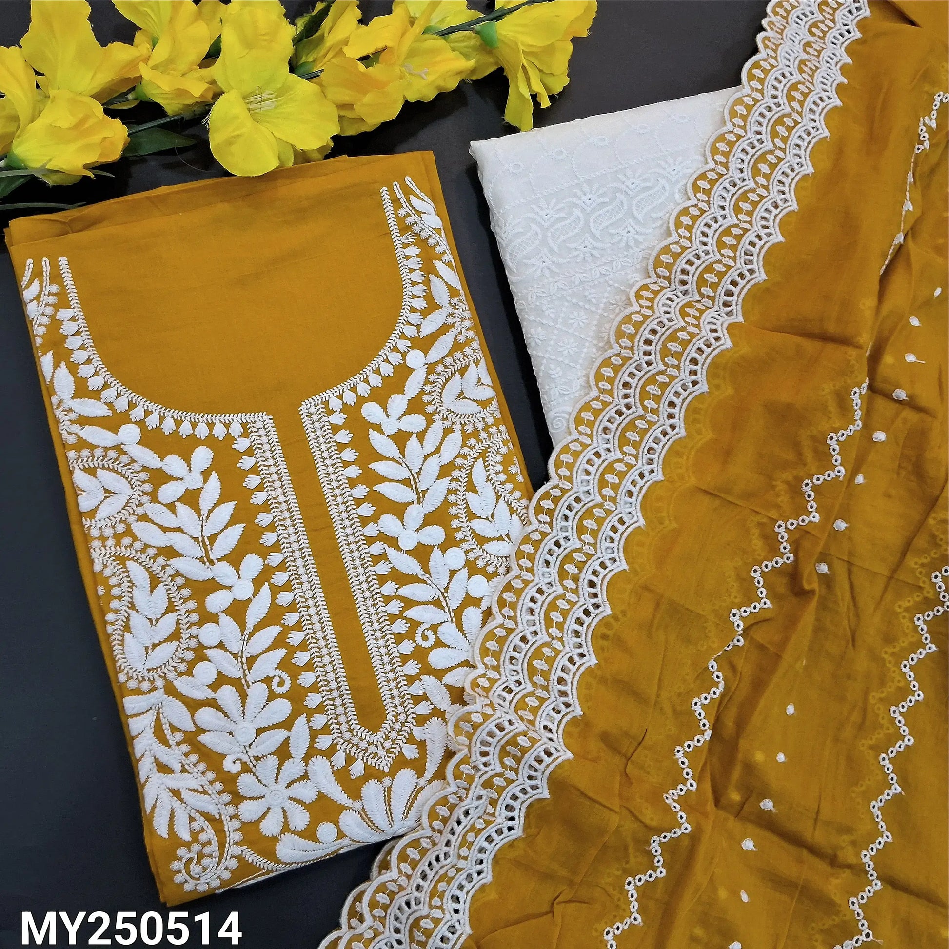 Mehandhi yellow chikankari embroidered mul cotton salwar material my250514-Neidhal
