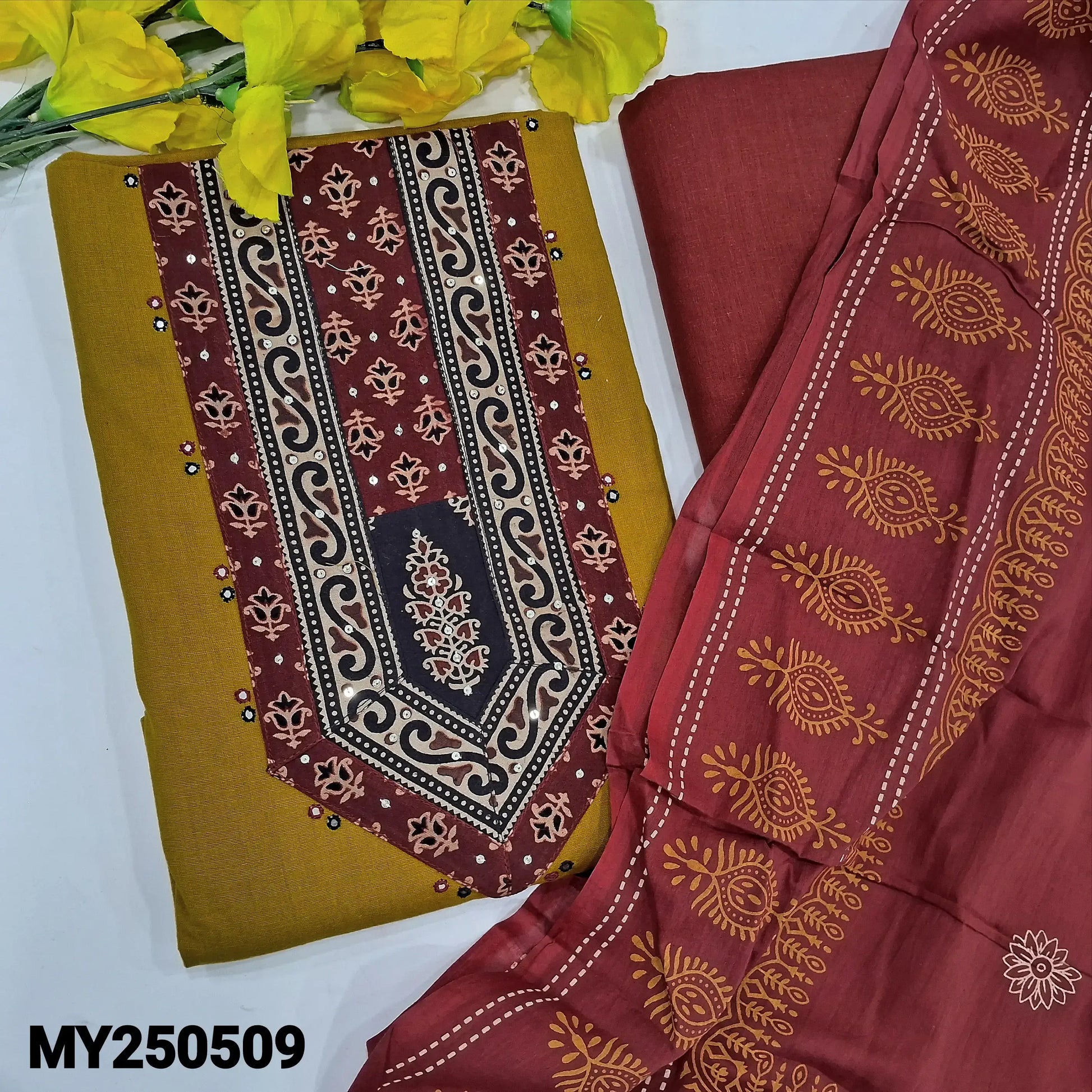 Mehandhi yellow cotton salwar material my250509-Neidhal