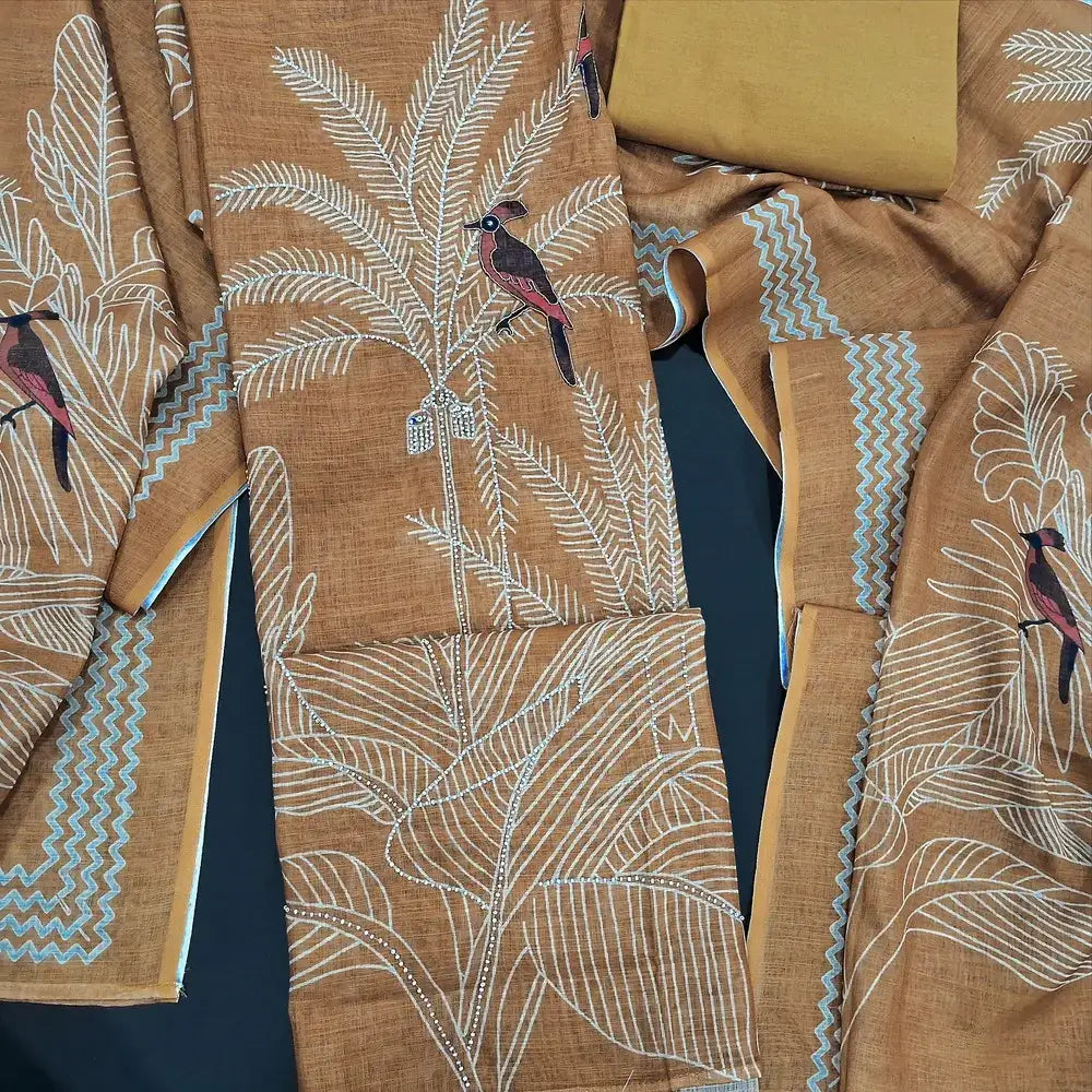 Mehandhi yellow digital printed semi linen salwar material jn252107-Neidhal