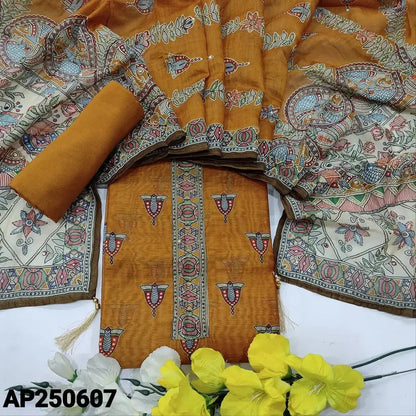 Mehandhi yellow digital printed silk cotton salwar material ap250607-Neidhal