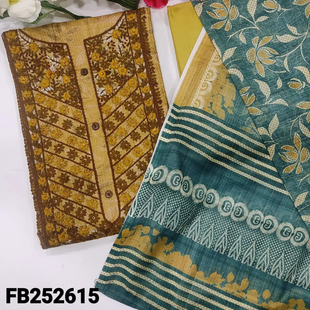 CODE FB252615: Light mehandhi yellow designer digital printed silk cotton unstitched salwar material heavy hand