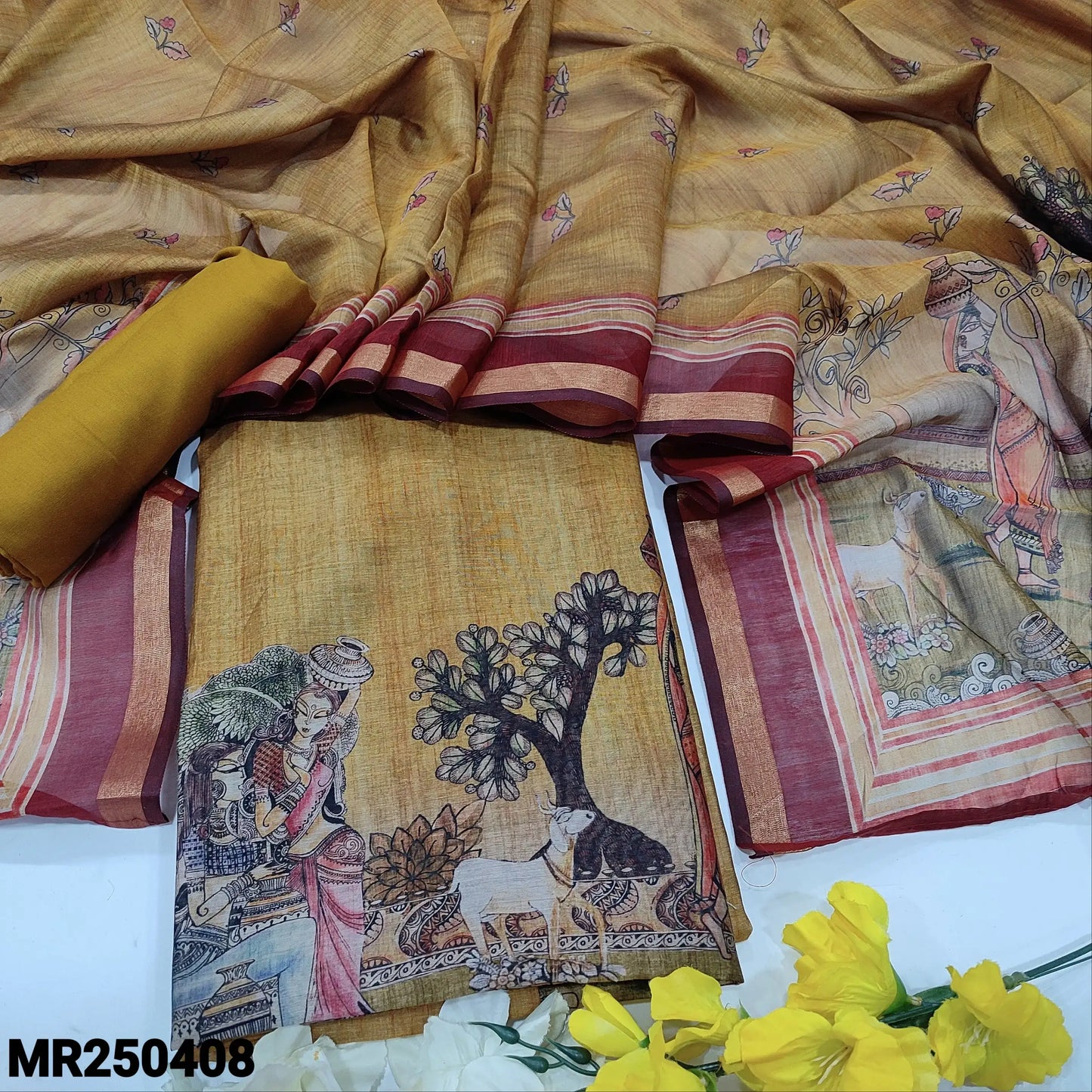 Mehandhi Yellow Digital Printed Silk Cotton Salwar Material - Neidhal