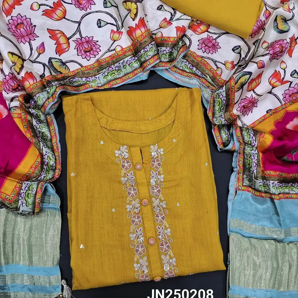Mehandhi yellow dola silk semi stitched salwar material jn250208-Neidhal