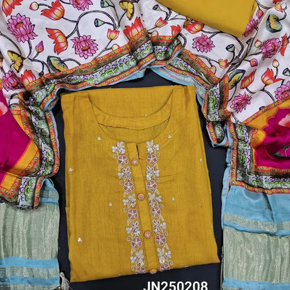 Mehandhi yellow dola silk semi stitched salwar material jn250208-Neidhal