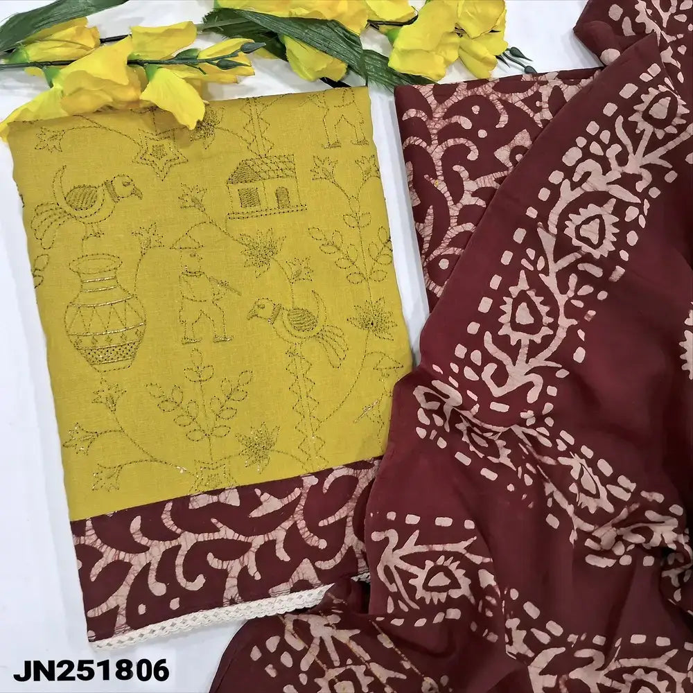 Mehandhi yellow embroidered cotton salwar material jn251806-Neidhal